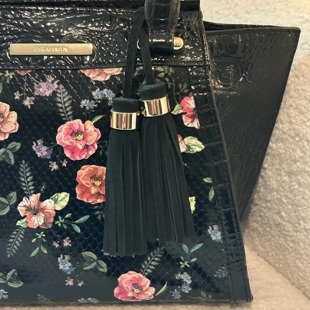 Brahmin Black Floral- mini Priscilla Satchel with Tassels - Picture 3 of 6
